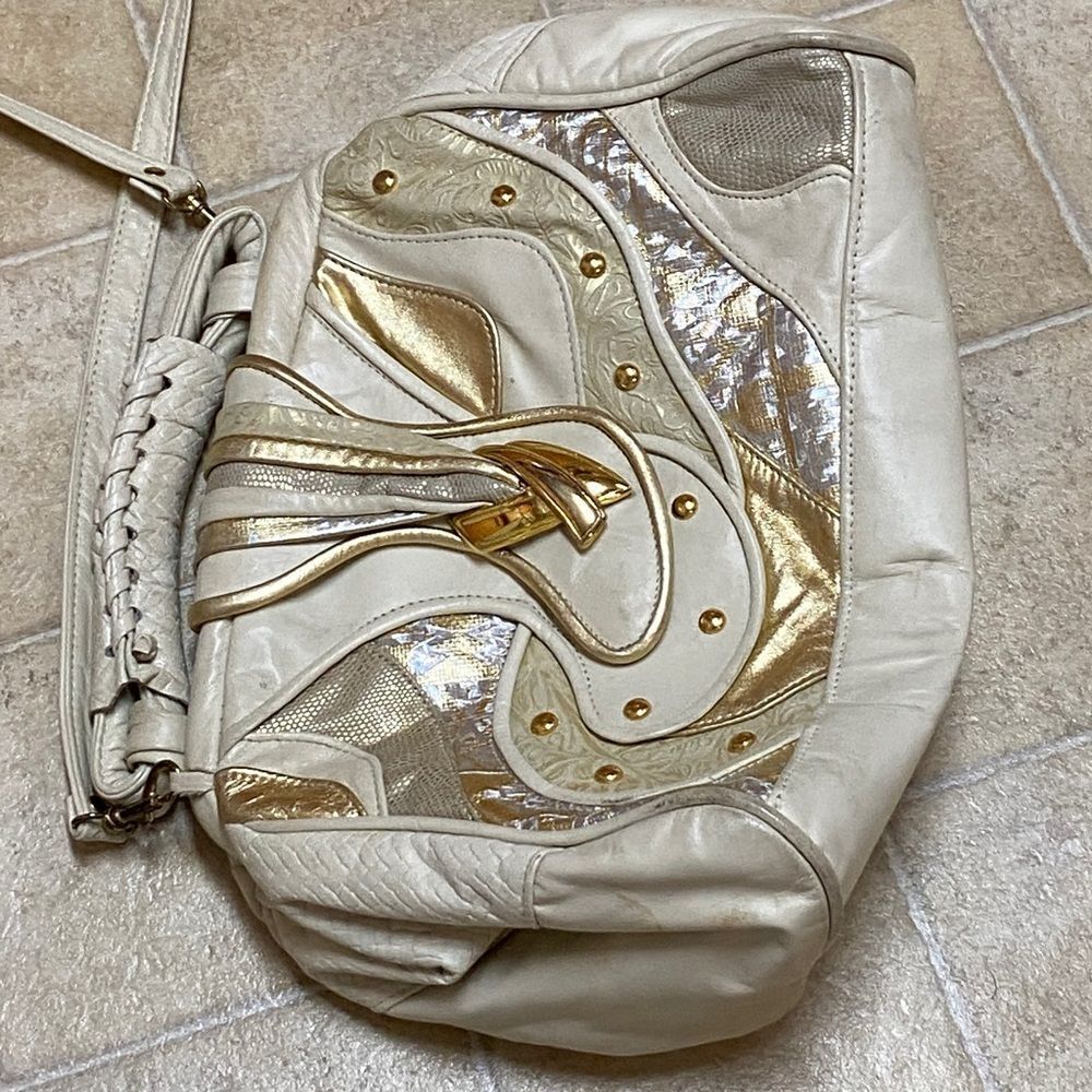VTG,BAGS BY PINKY GENUINE LEADER MADE IN USA Elegant Cream and Gold Women's Bag - Picture 8 of 16